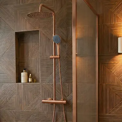 Saniclear Copper opbouw regendouche 30cm met thermostaatkraan en 3 standen handdouche koperkleurig bij Sanitairkamer
