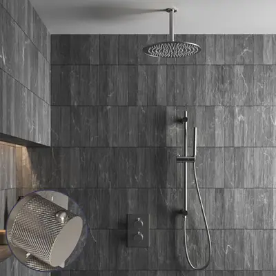 Saniclear Exclusive Curved inbouw regendouche met 30cm hoofddouche, plafondarm en glijstang RVS bij Sanitairkamer