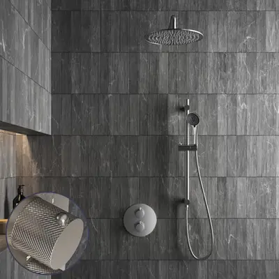 Saniclear Exclusive Curved inbouw regendouche rond met 30cm hoofddouche, muurarm, 3 standen handdouche en glijstang RVS bij Sanitairkamer