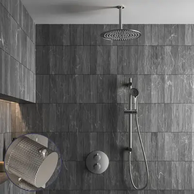 Saniclear Exclusive Curved inbouw regendouche rond met 30cm hoofddouche, plafondarm, 3 standen handdouche en glijstang RVS bij Sanitairkamer