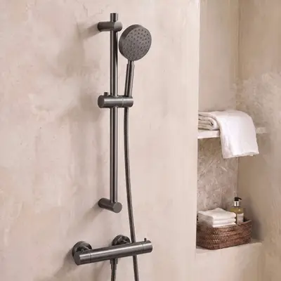 Saniclear Iron doucheset met thermostatische kraan, handdouche en glijstang verouderd ijzer - gunmetal bij Sanitairkamer
