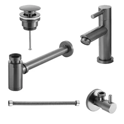 Saniclear Iron fonteinkraan set gunmetal met kraan, sifon, afvoerplug, hoekstopkraan en aansluitslang bij Sanitairkamer