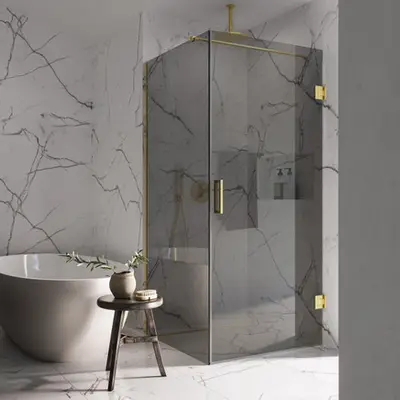 Saniclear Modern Brass rookglas douchecabine 100x90cm met 90cm deur anti-kalk geborsteld messing bij Sanitairkamer