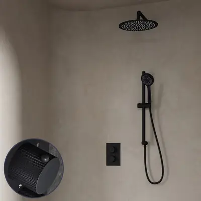 Saniclear Nero Curved inbouw regendouche met 30cm hoofddouche, muurarm, 3 standen handdouche en glijstang zwart mat bij Sanitairkamer
