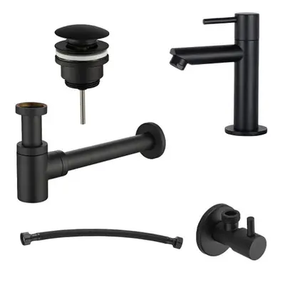 Saniclear Nero fonteinkraan set mat zwart met kraan, sifon, afvoerplug, hoekstopkraan en aansluitslang bij Sanitairkamer