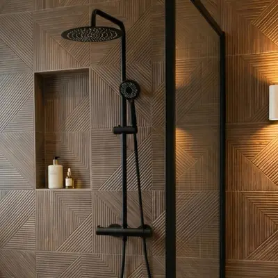 Saniclear Nero mat zwart opbouw regendouche 30cm met thermostaatkraan en 3 standen handdouche bij Sanitairkamer