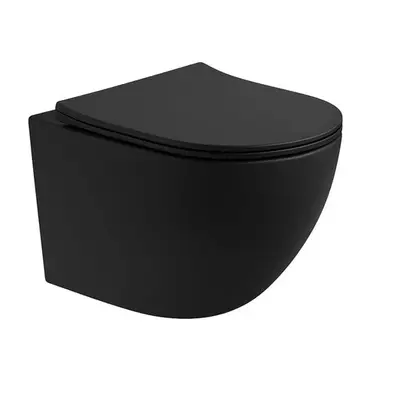 SaniSupreme Aloni Pro hangtoilet / ophang WC – tornado flush – randloos – met zitting – compact 49 cm – mat zwart bij SaniSupreme