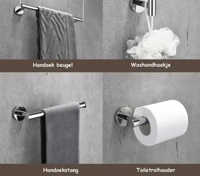 SaniSupreme Badkamerset 4 stuks Brasil: handdoekrek, handdoekbeugel,handoekhaak en toiletrolhouder, Chroom Glans bij SaniSupreme