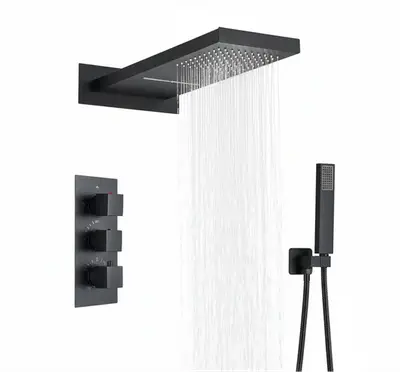 SaniSupreme Doucheset BlackLine Wellness regendouche en waterval vierkant 3-weg zwart inbouw bij SaniSupreme