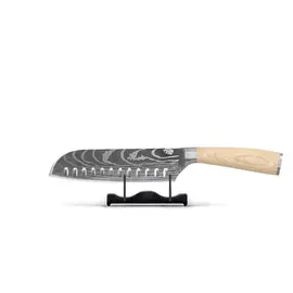 Shinrai Knives - Akari Damascus Print Santoku mes 18 cm bij Kookgigant