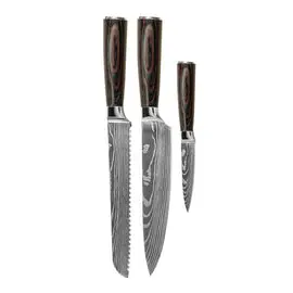 Shinrai Knives - Damascus Print 3-delige Messenset - Koksmes + Broodmes + Schilmes bij Kookgigant