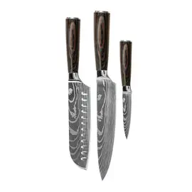 Shinrai Knives - Damascus Print 3-delige Messenset - Koksmes + Santoku + Schilmes bij Kookgigant