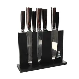 Shinrai Knives - Damascus Print 7-delige Messenset + Magnetisch Messenblok Dubbelzijdig - Zwart bij Kookgigant
