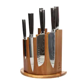 Shinrai Knives - Damascus Print 7-delige Messenset + Magnetisch Messenblok Scalae - Acacia hout bij Kookgigant