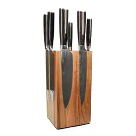 Shinrai Knives - Damascus Print 7-delige Messenset + Messenblok Robur bij Kookgigant