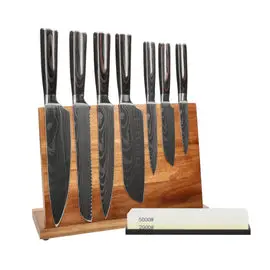 Shinrai Knives - Damascus Print 7-delige Messenset + Messenblok + Slijpsteen bij Kookgigant