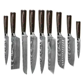 Shinrai Knives - Damascus Print 9-delige Messenset bij Kookgigant