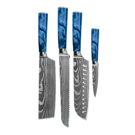 Shinrai Knives - Damascus Print Epoxy Sapphire 4-delige Messenset - Santoku + Broodmes + Nakiri + Schilmes bij Kookgigant