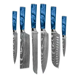 Shinrai Knives - Damascus Print Epoxy Sapphire - 6-delige Messenset bij Kookgigant