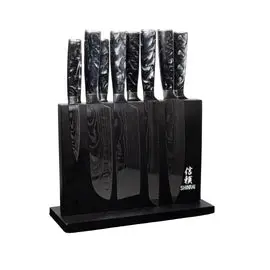 Shinrai Knives - Damascus Print Onyx Epoxy 9-delige Messenset + Magnetisch Messenblok Dubbelzijdig - Zwart bij Kookgigant