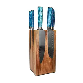 Shinrai Knives - Damascus Print Sapphire 6-delige Messenset + Messenblok Robur bij Kookgigant