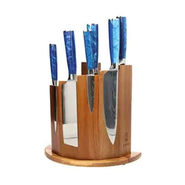 Shinrai Knives - Epoxy Sapphire Damascus Print 6-delige Messenset + Magnetisch Messenblok Scalae - Acacia hout bij Kookgigant