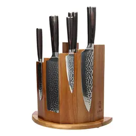 Shinrai Knives - Hammered RVS 6-delige Messenset + Magnetisch Messenblok Scalae - Acacia hout bij Kookgigant