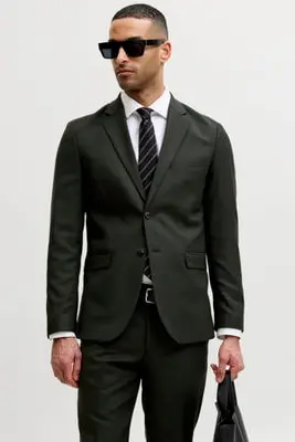 slim fit colbert met wol - donkergroen bij Wehkamp
