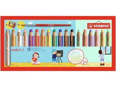 Stabilo - Kleurpotloden Woody 3 in 1 - 18 stuks (incl. puntenslijper en penseel) bij HobbyVision