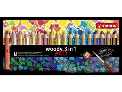 Stabilo - Kleurpotloden Woody 3 in 1 - Arty 18 stuks (incl. puntenslijper en penseel) bij HobbyVision