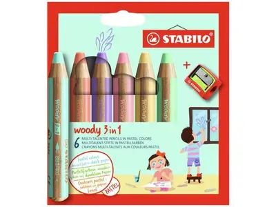 Stabilo - Kleurpotloden Woody 3 in 1 - Pastel Assorti - 6 stuks (incl. puntenslijper) bij HobbyVision