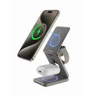 Swissten 3 in 1 Draadloze Oplader Opvouwbaar - Magsafe Compatible standaard - 23W - Grijs bij Oplaadkabelshop.nl