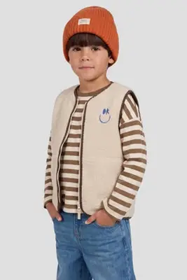 teddy bodywarmer met borduursels en print - ecru/donkerbruin bij Wehkamp