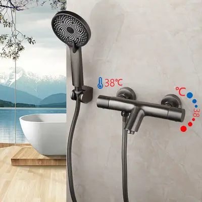 Thermostatische badkraan gun metal met 3 standen handdouche bij Badkranenwinkel