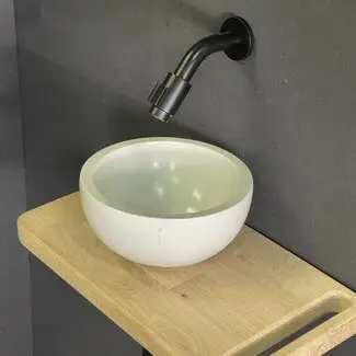 Toilet fonteinset met witte waskom en eiken wastafelplank bij Sanitear
