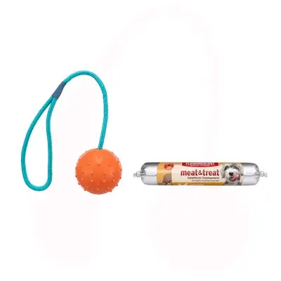 Trixie Hondenspeelgoed Gummibal met touwtje + Fleischeslust meat & treat trainingsworst gratis! 1 Ball ca. Ø 6 cm, Kordel 30 cm lang + 80 g Gevogelte bij Zooplus
