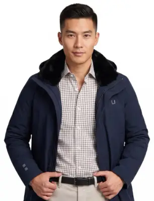 UBR winterjas donkerblauw effen rits normale fit afneembare capuchon bij Schulte Herenmode