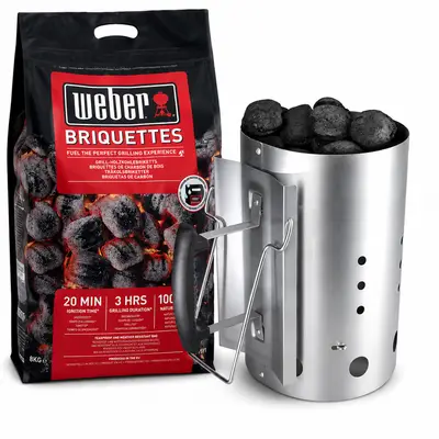 Weber Briketten Pillow Shape 8 kg + Bruzzzler Stalen Brikettenstarter 4 kilo bij Vuur & Rook