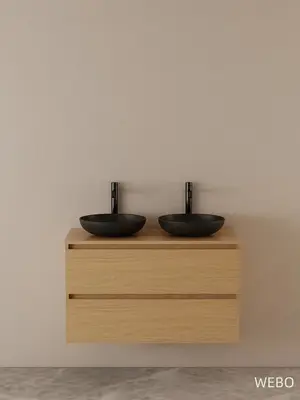 WEBO 100cm Sydney Oak eiken badkamermeubel volledige set INCLUSIEF 2 mat zwarte waskommen en mat 2 zwarte kranen - COMPLETE SET bij DoucheKampioen