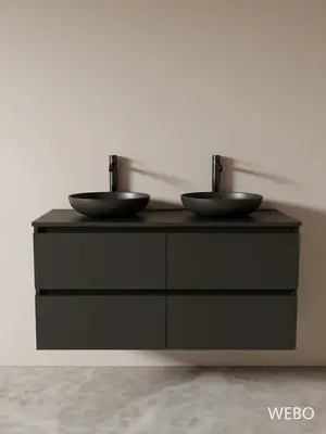 WEBO 140cm Sydney badkamermeubel volledige set INCLUSIEF 2 mat zwarte waskommen en mat 2 zwarte kranen - COMPLETE SET bij DoucheKampioen