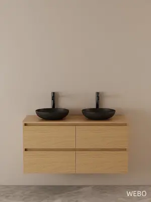 WEBO 140cm Sydney Oak eiken badkamermeubel volledige set INCLUSIEF 2 mat zwarte waskommen en mat 2 zwarte kranen - COMPLETE SET bij DoucheKampioen