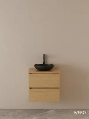 WEBO 60cm Sydney Oak eiken badkamermeubel volledige set INCLUSIEF mat zwarte waskom en mat zwarte kraan - COMPLETE SET bij DoucheKampioen