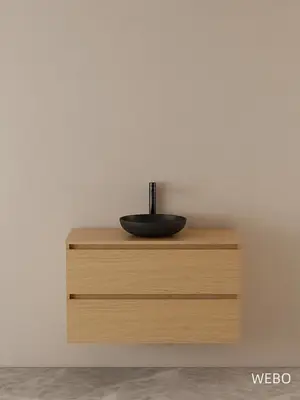 WEBO 80cm Sydney Oak eiken badkamermeubel volledige set INCLUSIEF mat zwarte waskom en mat zwarte kraan - COMPLETE SET bij DoucheKampioen