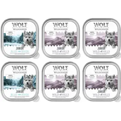Wolf of Wilderness JUNIOR - Duo-eiwit recept 6 / 24 x 150 g kom 6 x 150 g: 4x eend & kalfsvlees, 2x kip & zalm bij Bitiba