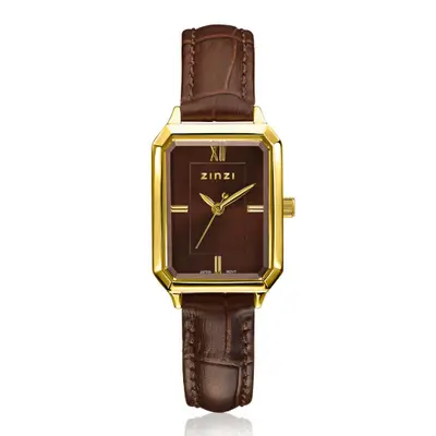 ZINZI Allure horloge 30mm achthoekige kast, bruine wijzerplaat, geelgoudkleurige kast en leren band, Japans uurwerk ZIW2536B bij ZINZI