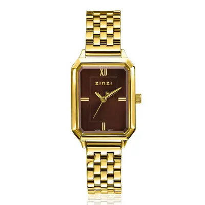 ZINZI Allure horloge 30mm achthoekige kast, bruine wijzerplaat, geelgoudkleurige stalen kast en band, Japans uurwerk ZIW2536 bij ZINZI