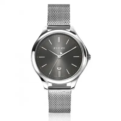 ZINZI Classy horloge 34mm grijze wijzerplaat stalen kast en meshband, datum ZIW1024M bij ZINZI