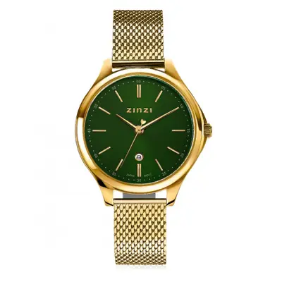 ZINZI Classy horloge 34mm groene wijzerplaat goudkleurige stalen kast en meshband, datum ZIW1035M bij ZINZI