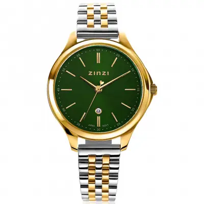ZINZI Classy horloge 34mm groene wijzerplaat goudkleurige stalen kast en bicolor band, datum ziw1035 bij ZINZI