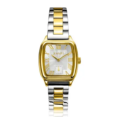 ZINZI Contour bicolor horloge zilveren sunray wijzerplaat en vintage kast stalen bicolor schakelband 26mm extra dun ZIW3033 bij ZINZI